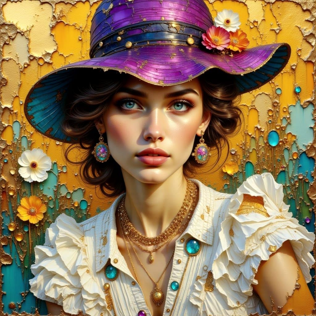 Impasto Portrait with Crinkled Metallic Accents