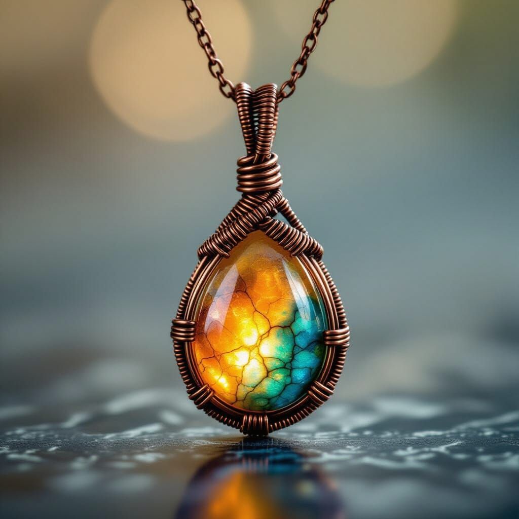 Copper Wire Sunstone Pendant With Turquoise Marbling