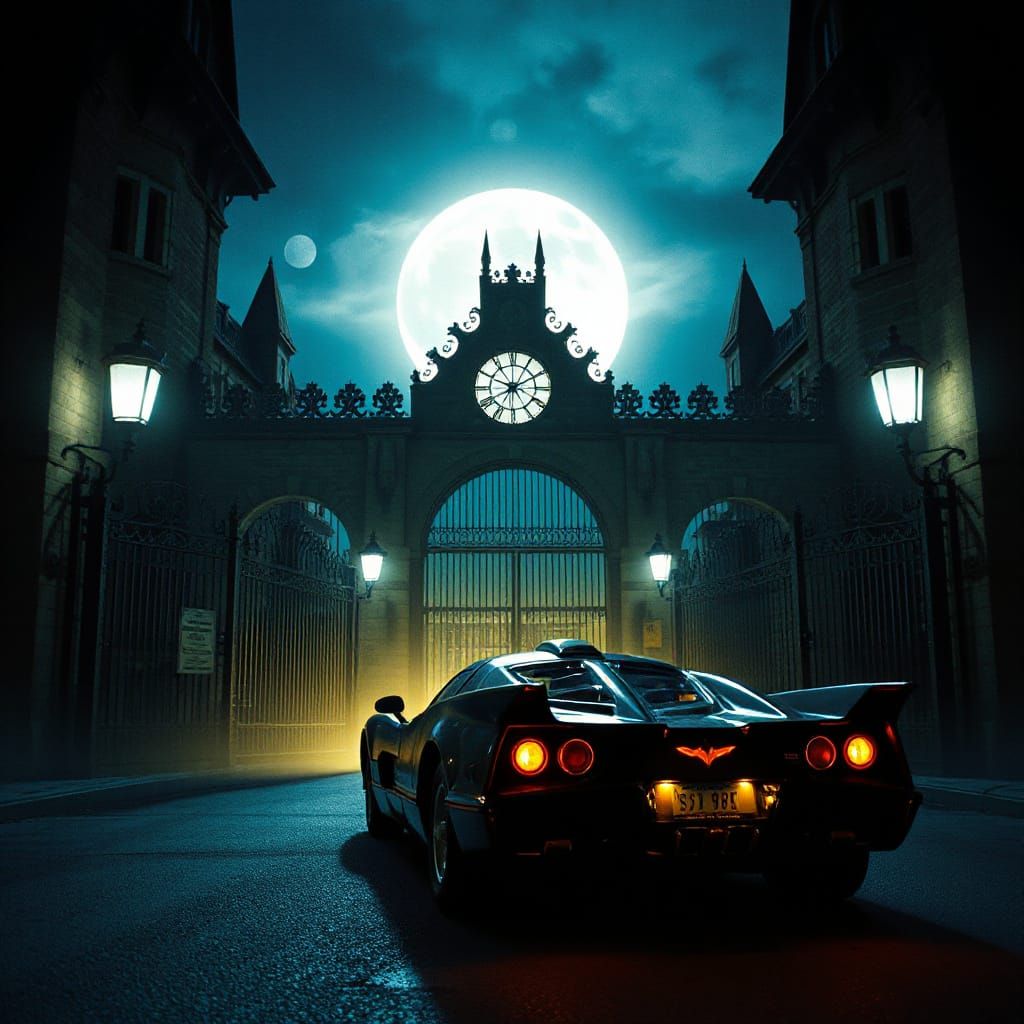 Sleek Batmobile Enters Arkham Asylum Under Eerie Moon