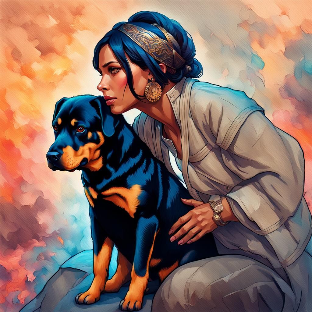 Woman and Rottweiler Portrait in Hyperdetailed Style