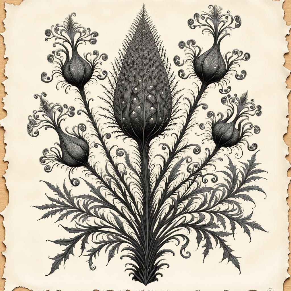 Intricate 3D Acanthus Botanical Ink Drawing