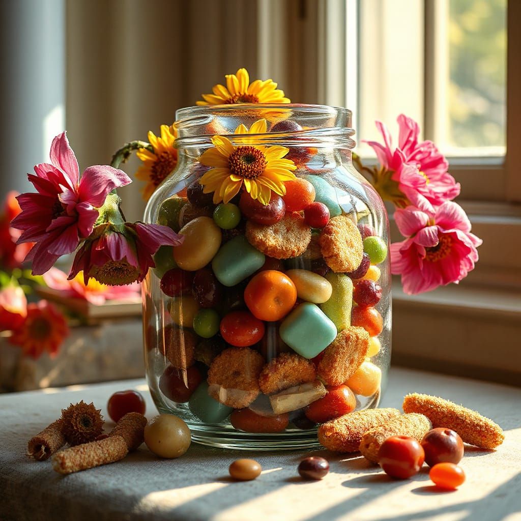 Vibrant Candy and Flower Jar in Golden Hour Light