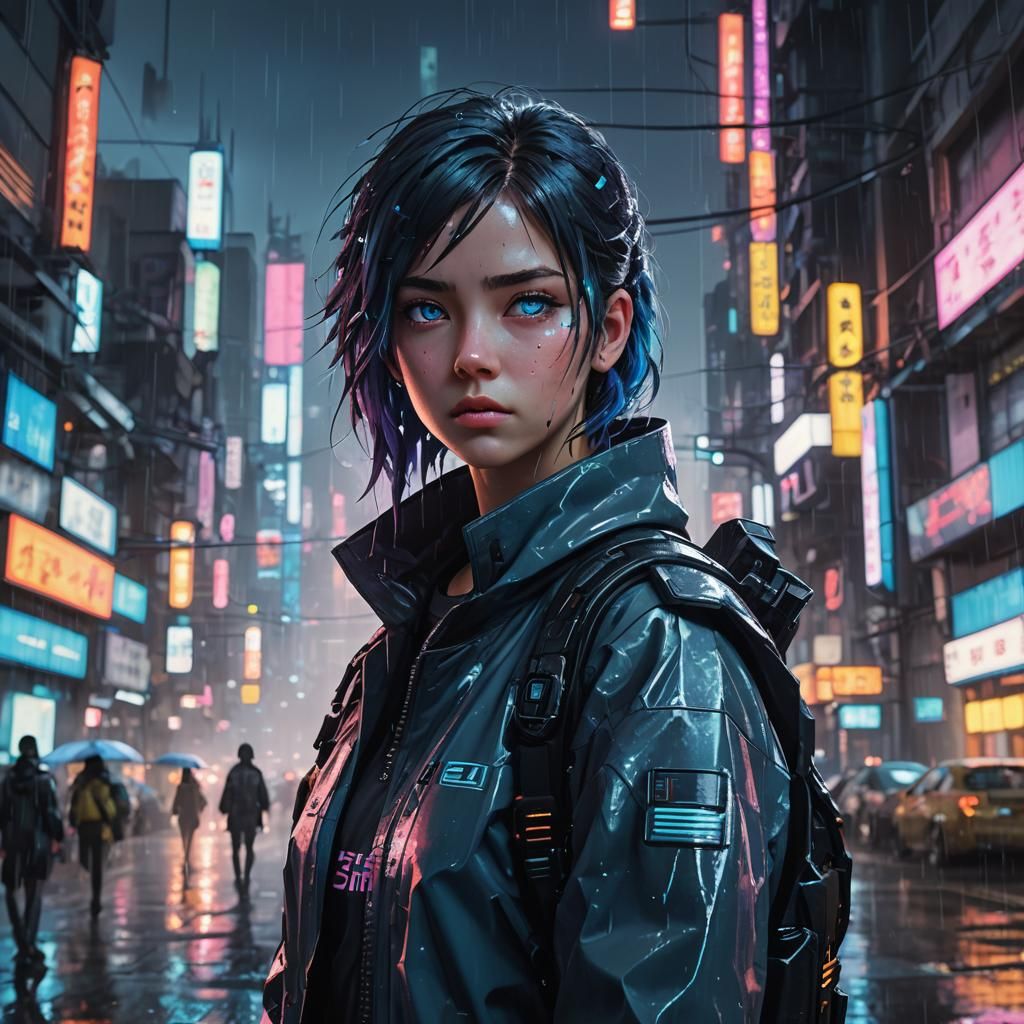 Cyberpunk Sci-Fi Protagonist in Rainy Cityscape