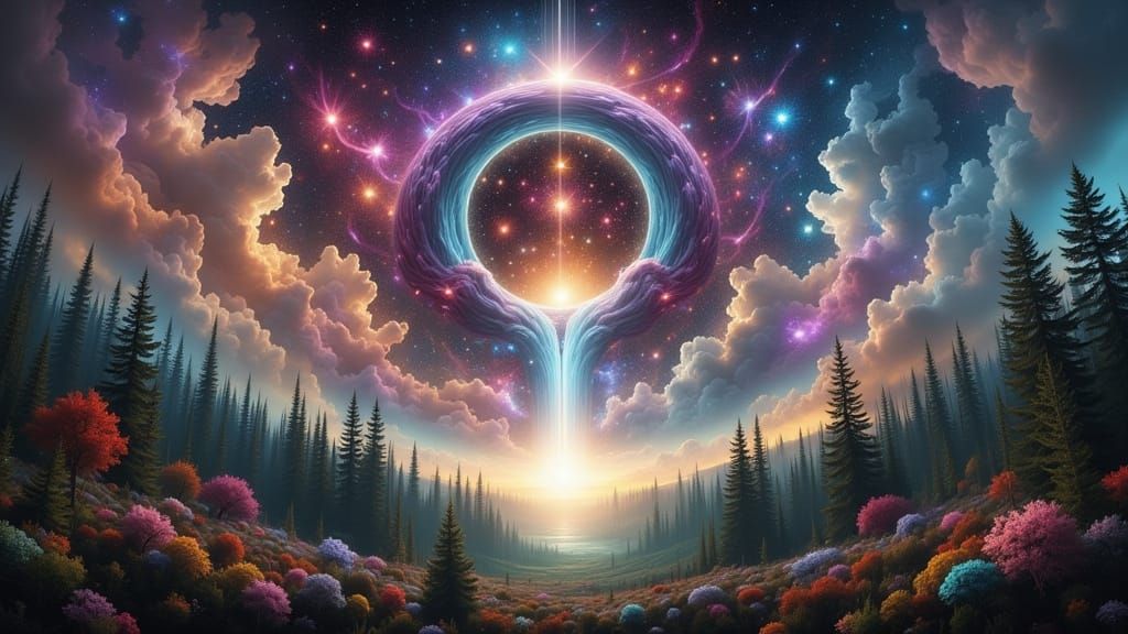 Cosmic Deity Overlooks Miniature Forest in Oil Painting Styl...