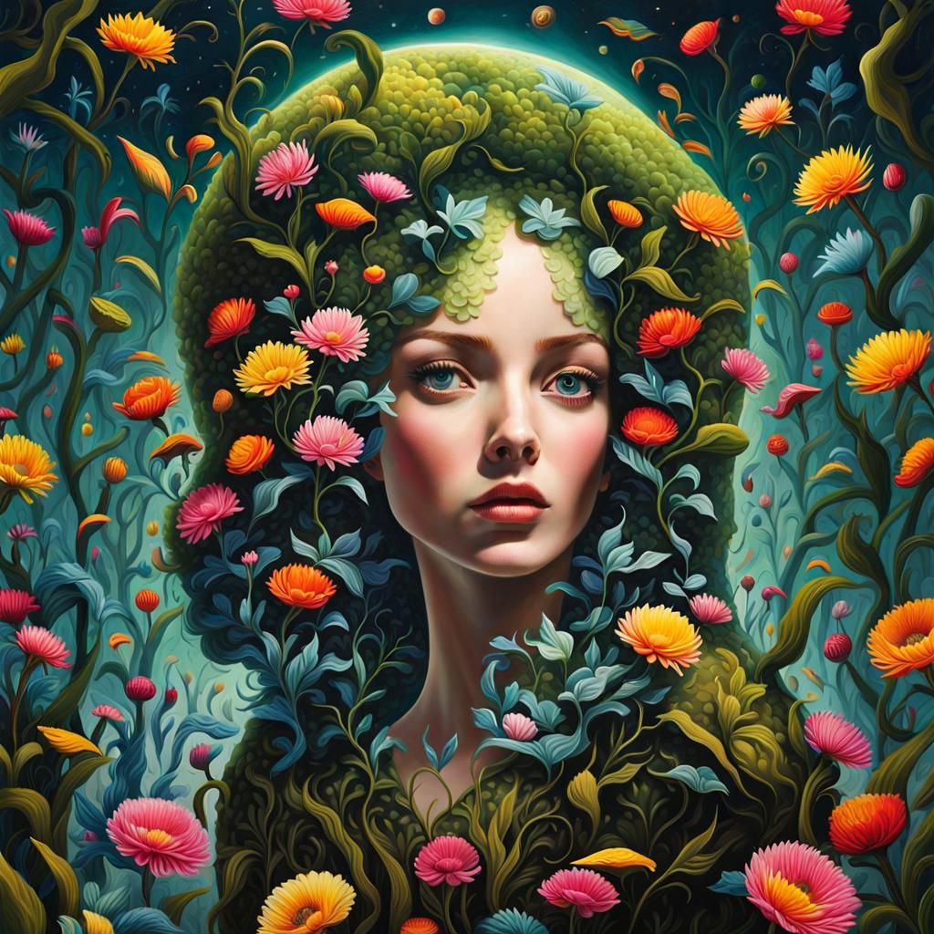 Grungy Woman with Whiskey in Psychedelic Surrealism