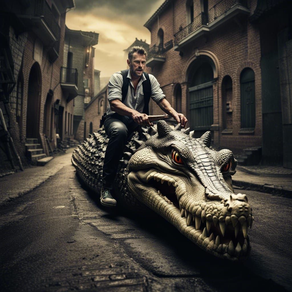 Man Rides Horned Crocodile in Spooky Town