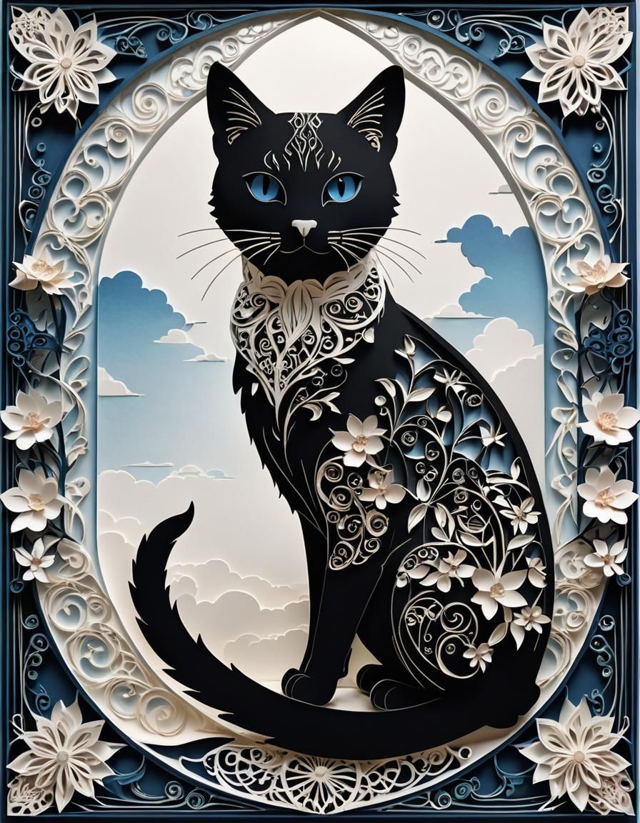 Colorful Kirigami Cat in Paper-Cut Style