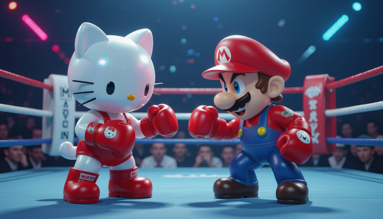 Hello Kitty vs Mario Sci-Fi Cyberpunk Boxing Match