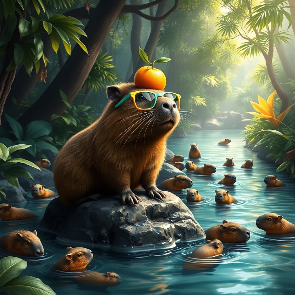 Capybara Seeks Serenity in the Forest Glade with Vibrant Gla...