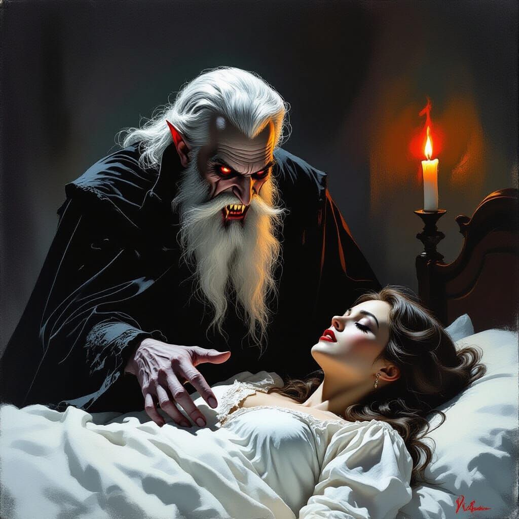 Gothic Horror Vampire Drains Victim in Shadowy Room