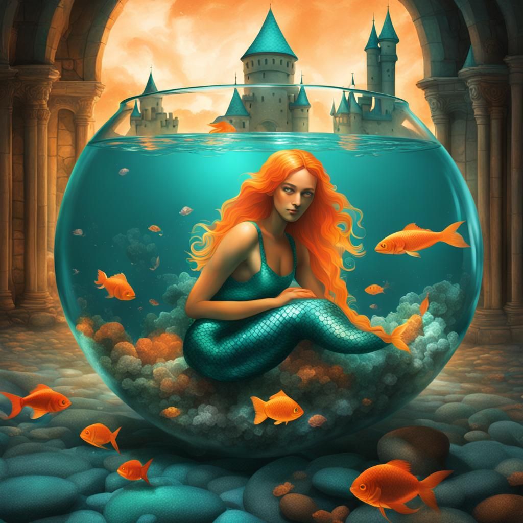 Mermaid Lounging in Castle: Orange and Teal Photoillustratio...