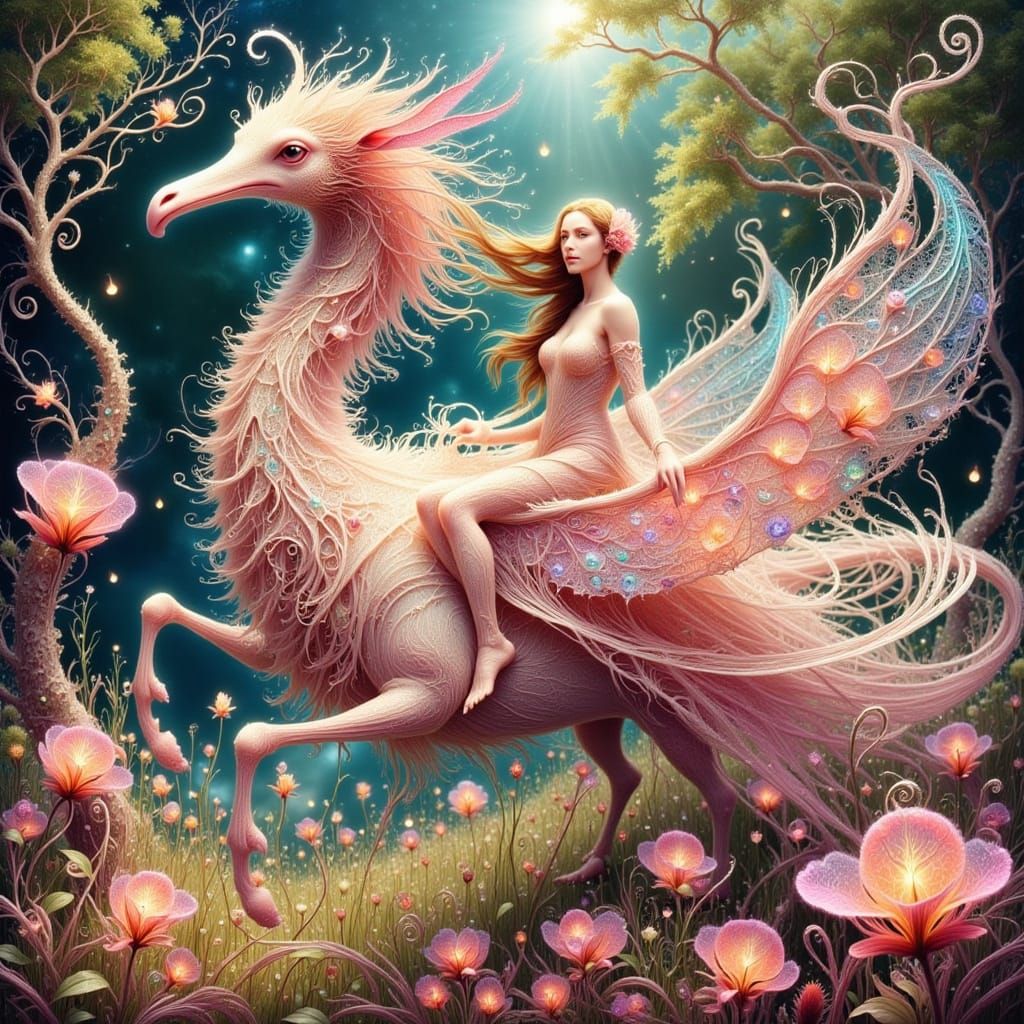 Mystical Spirit Rides Iridescent Hummingbird Amidst Whimsica...