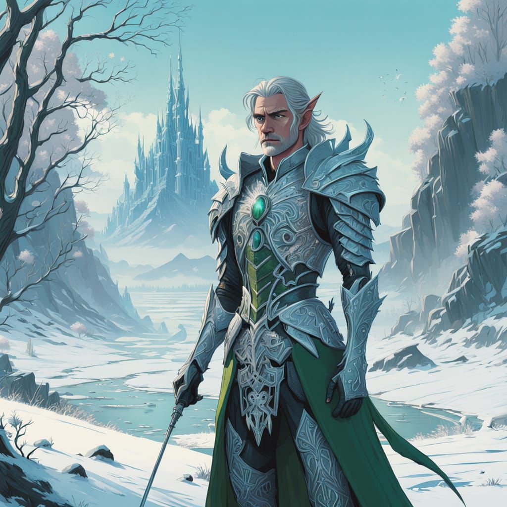 Ethereal Frost Prince Surrounded by Majestic Dragons in Crys...