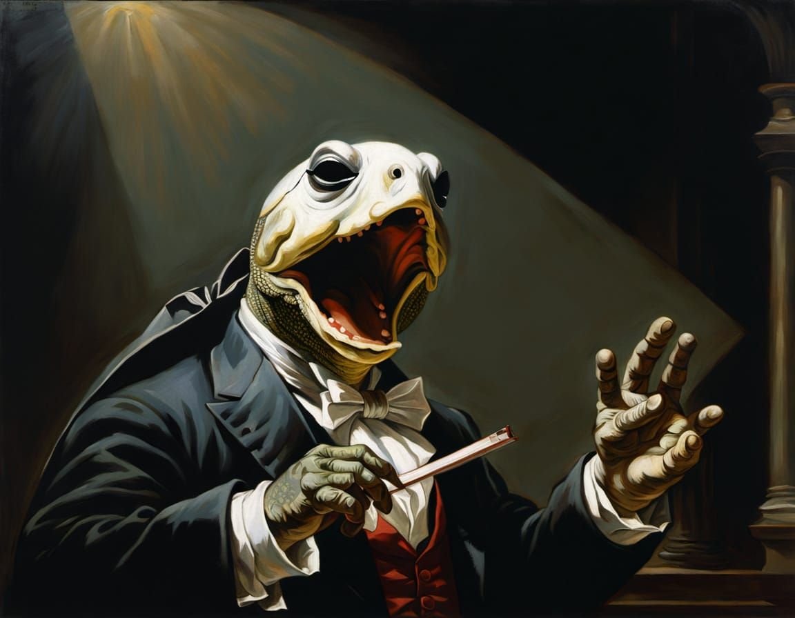 Opera Singing Turtle in Gothic Chiaroscuro Style