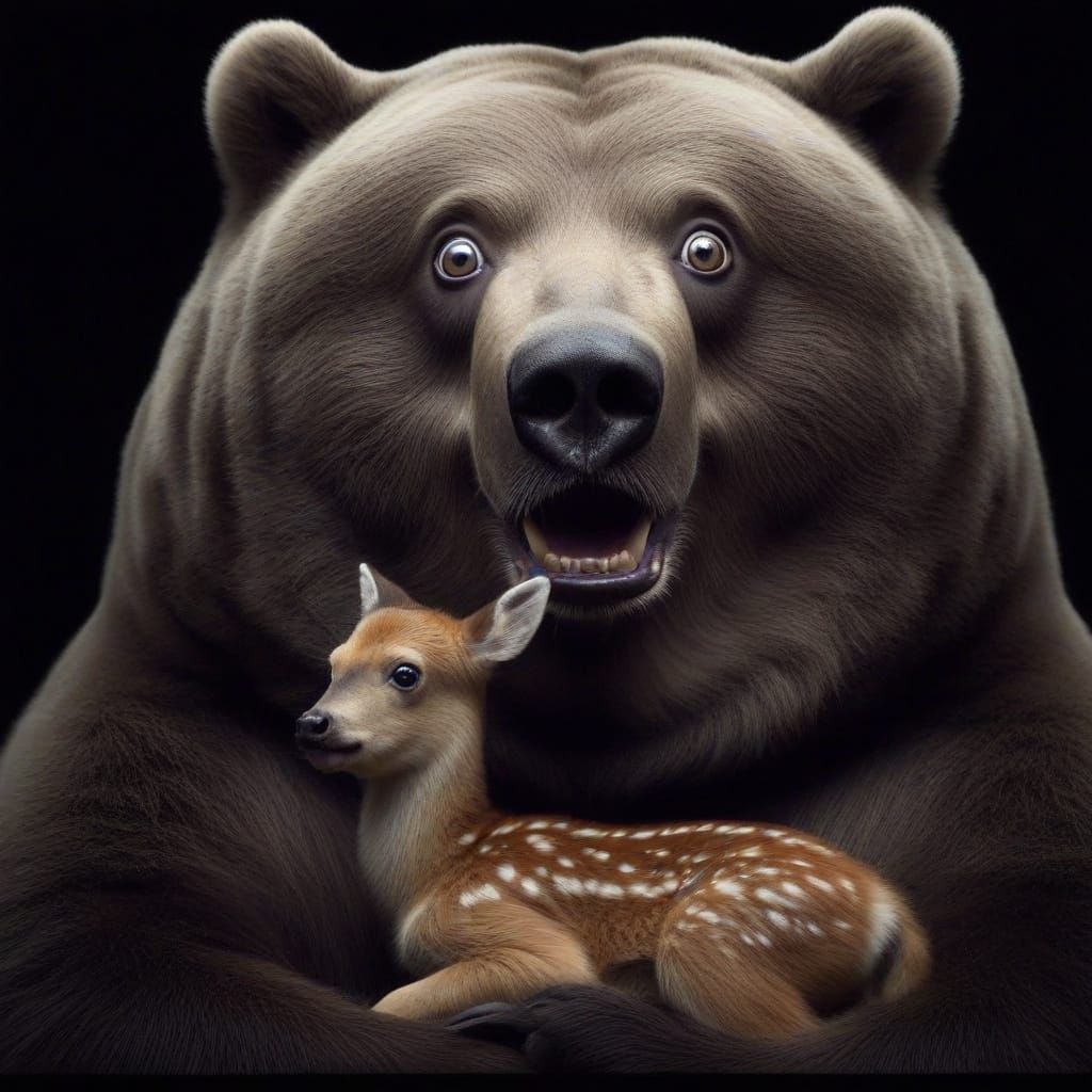 Obese Kodiak Bear Holding Baby Deer