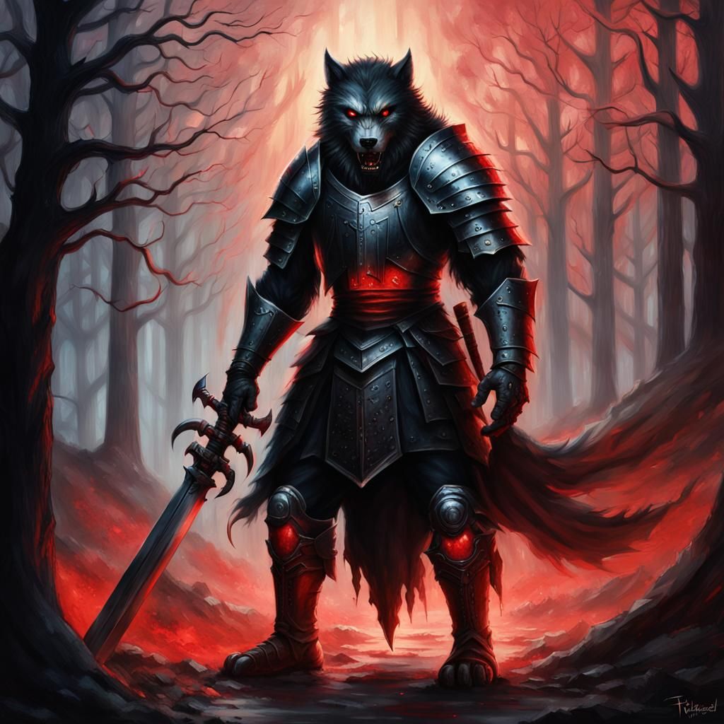 Werewolf covered in plate armor holding a greatsword and blo...