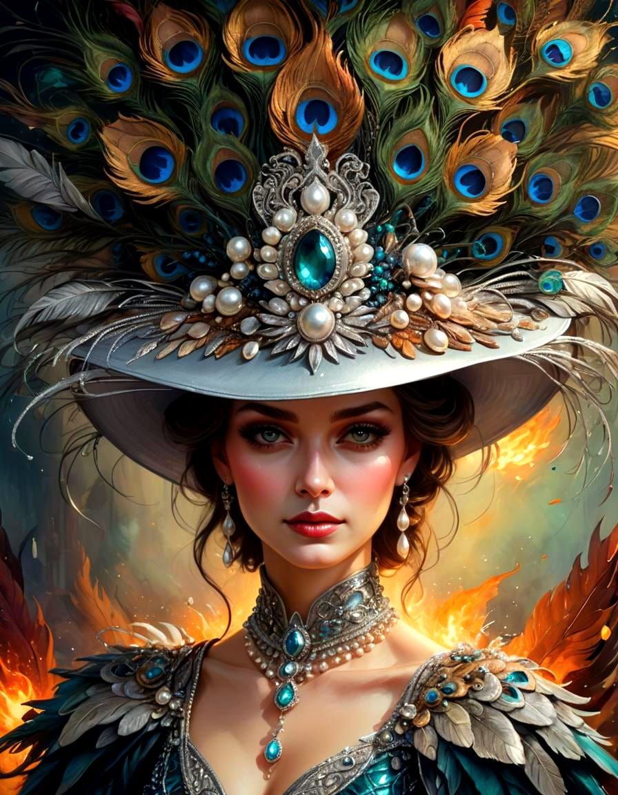 Lady on fire with peacock hat