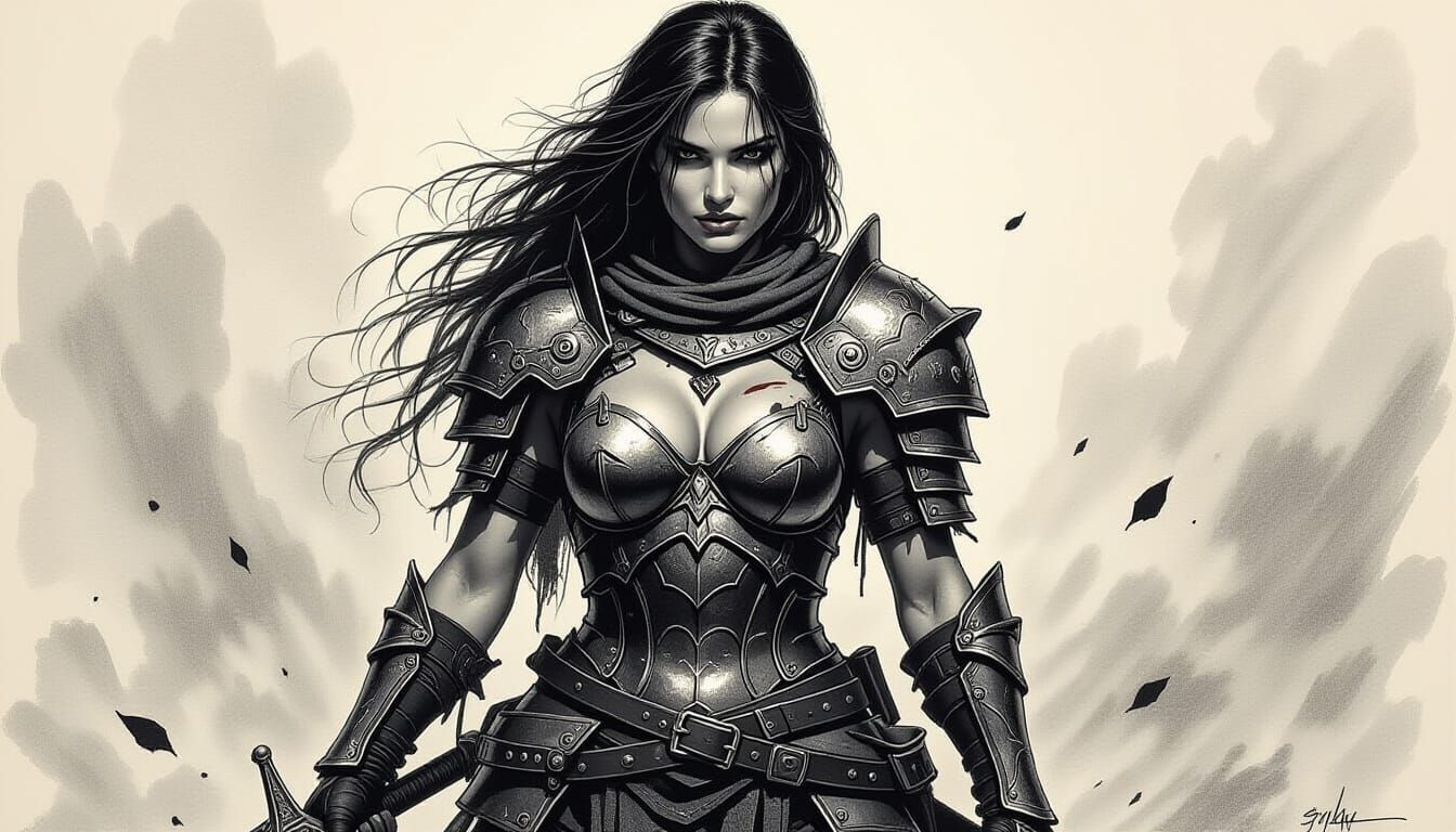Female Warrior in Tattered Armor, Dark Fantasy Style