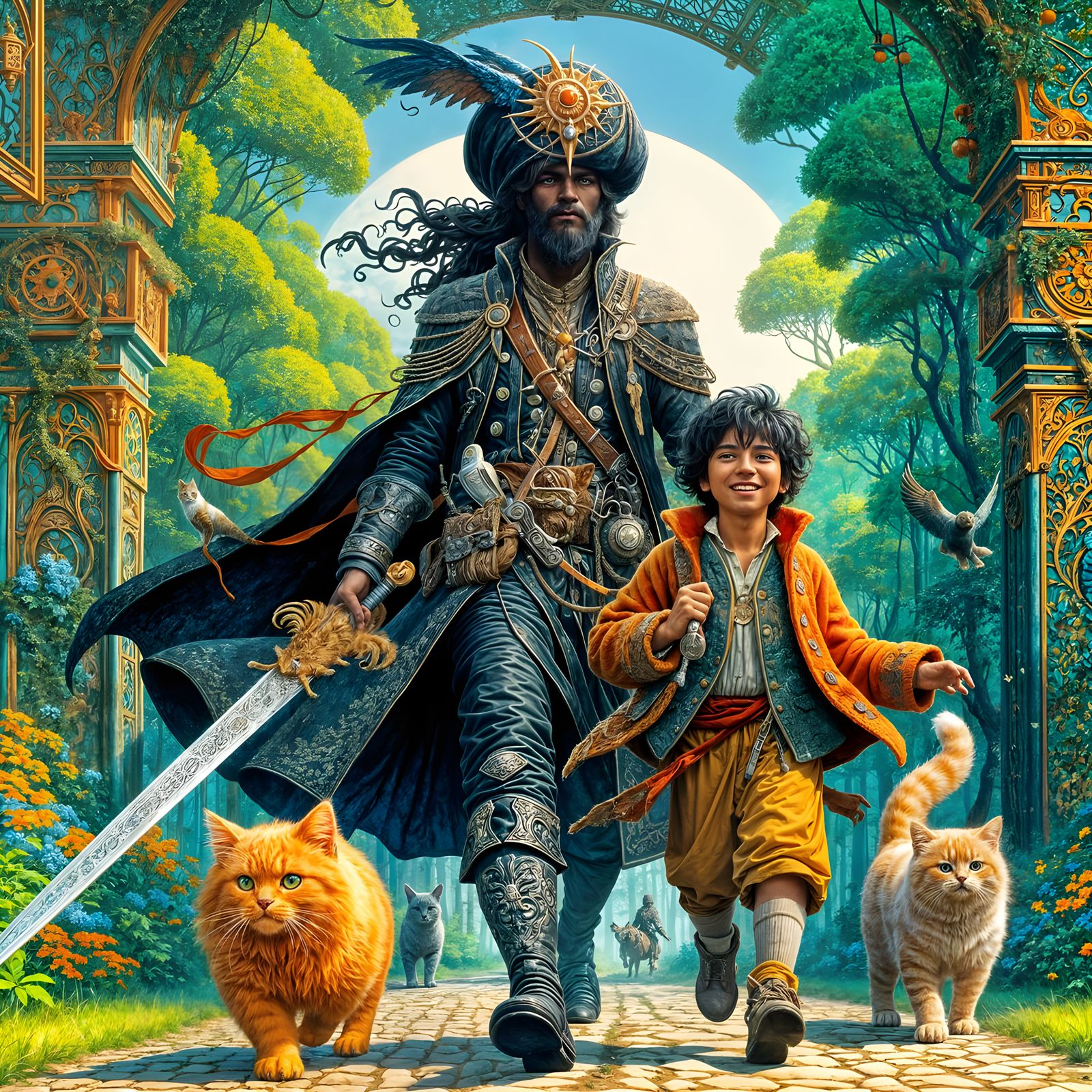 Fantasy Forest Journey with Sword and Felines