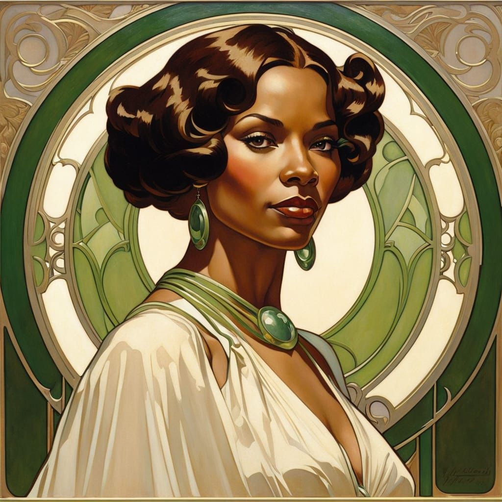 Art Nouveau Portrait of Beautiful Woman in Oil