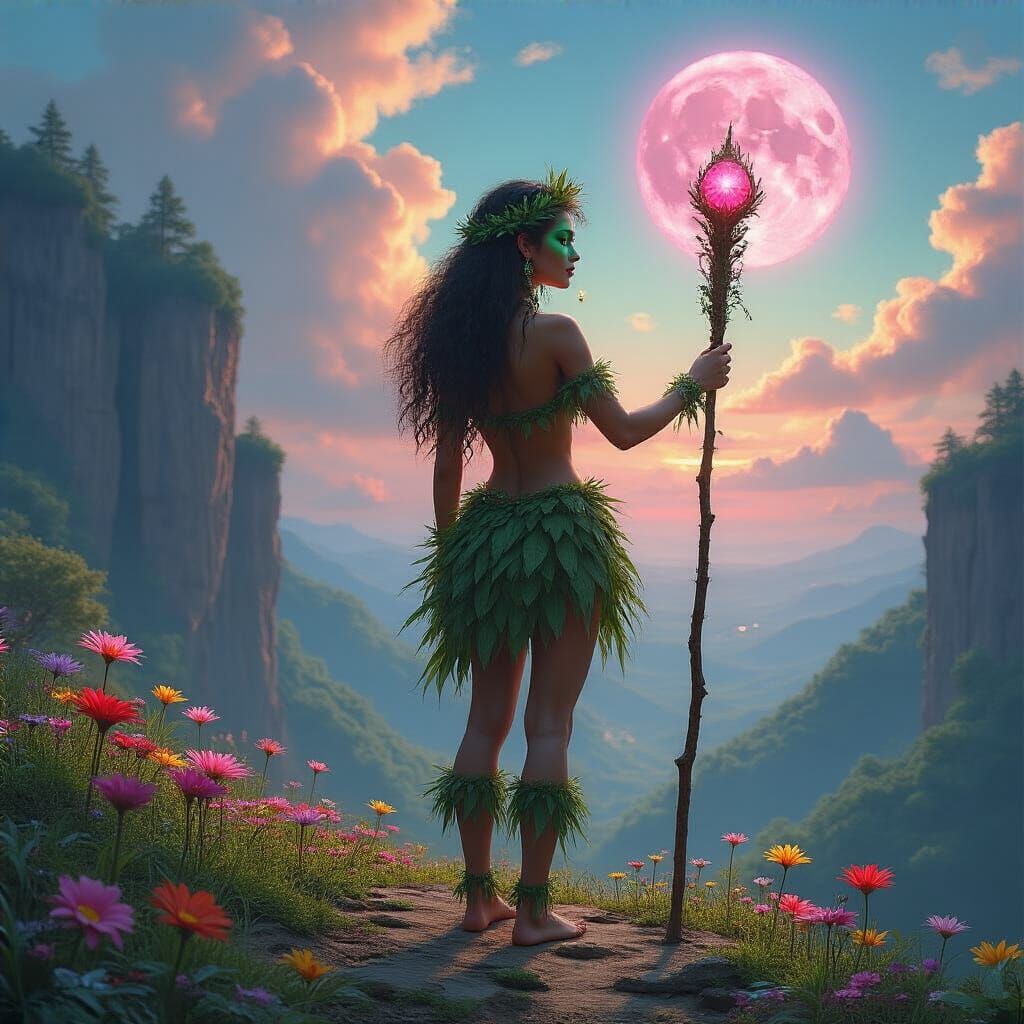 Forest Goddess with Pink Moon in Vibrant Sky
