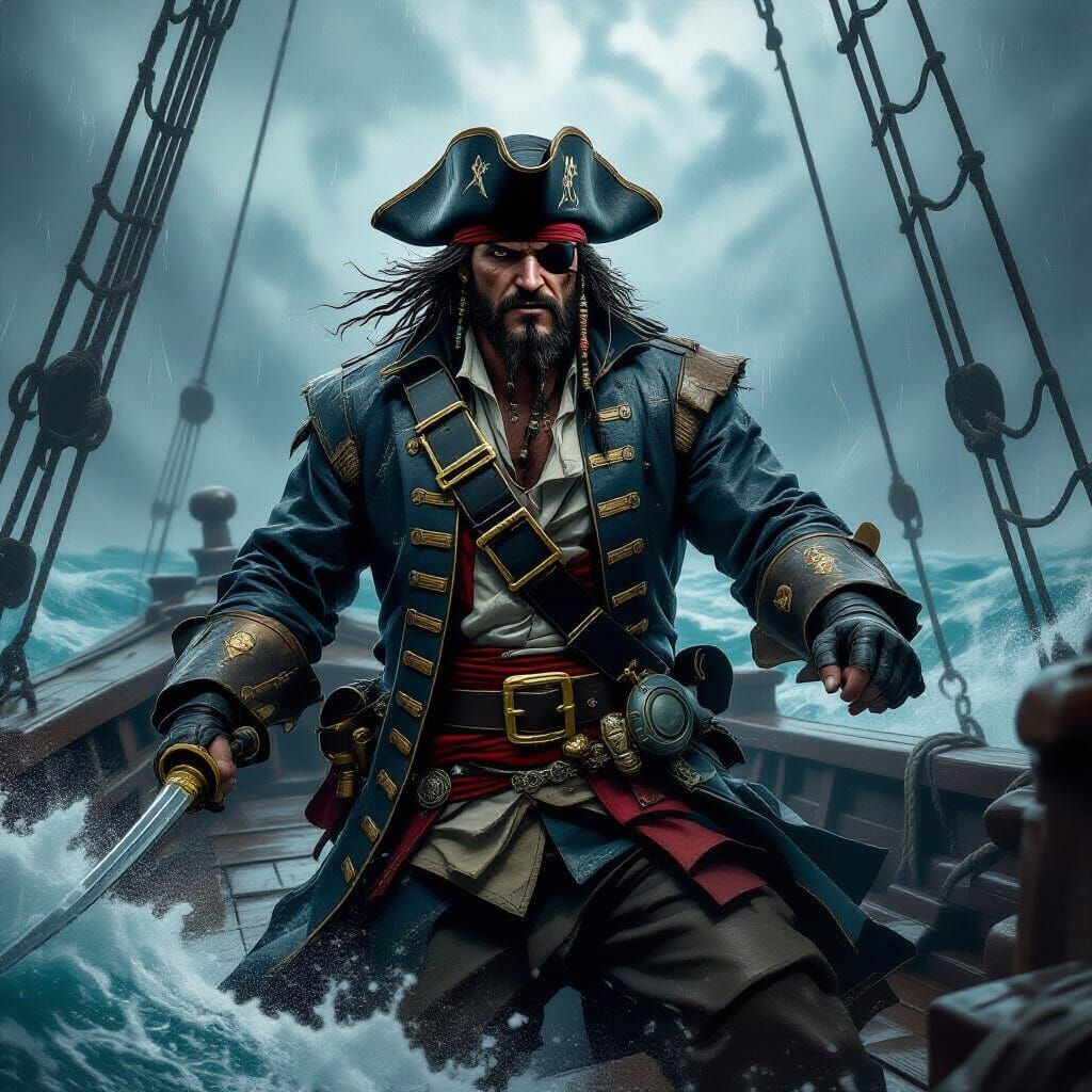 Pirate Captain in Stormy Seas, Cinematic Digital Art