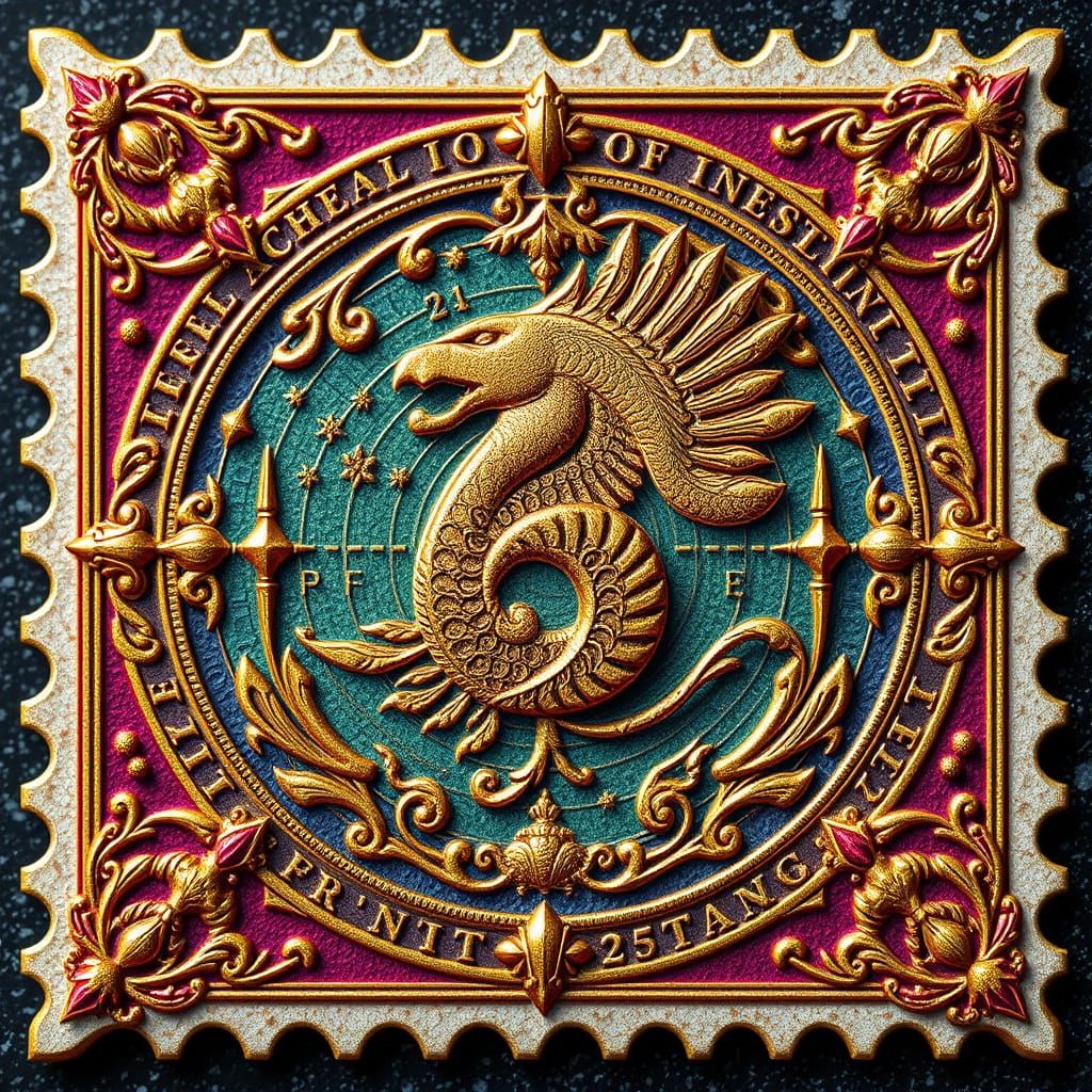 Surreal Vintage-Futuristic Postage Stamp Design as Digital A...