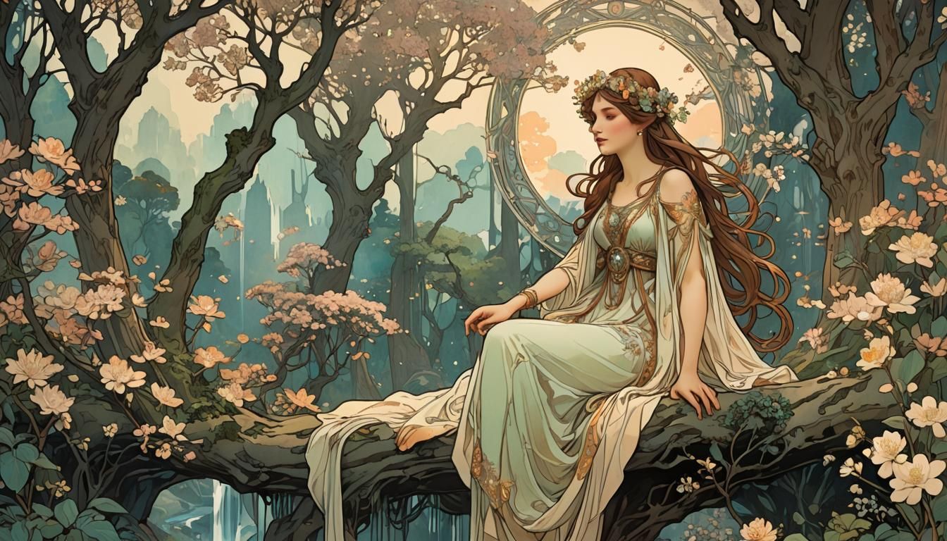 Elven City in Mythical Forest: Mucha-Style Sketch