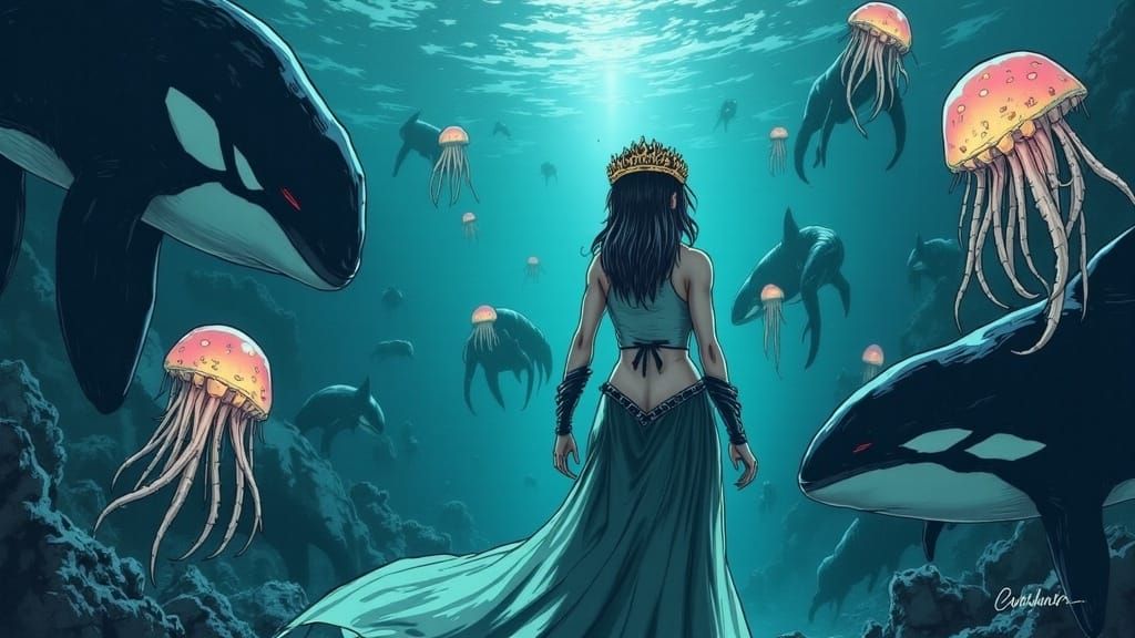 Jellyfish Princess in Underwater Court, Ethereal Digital Art