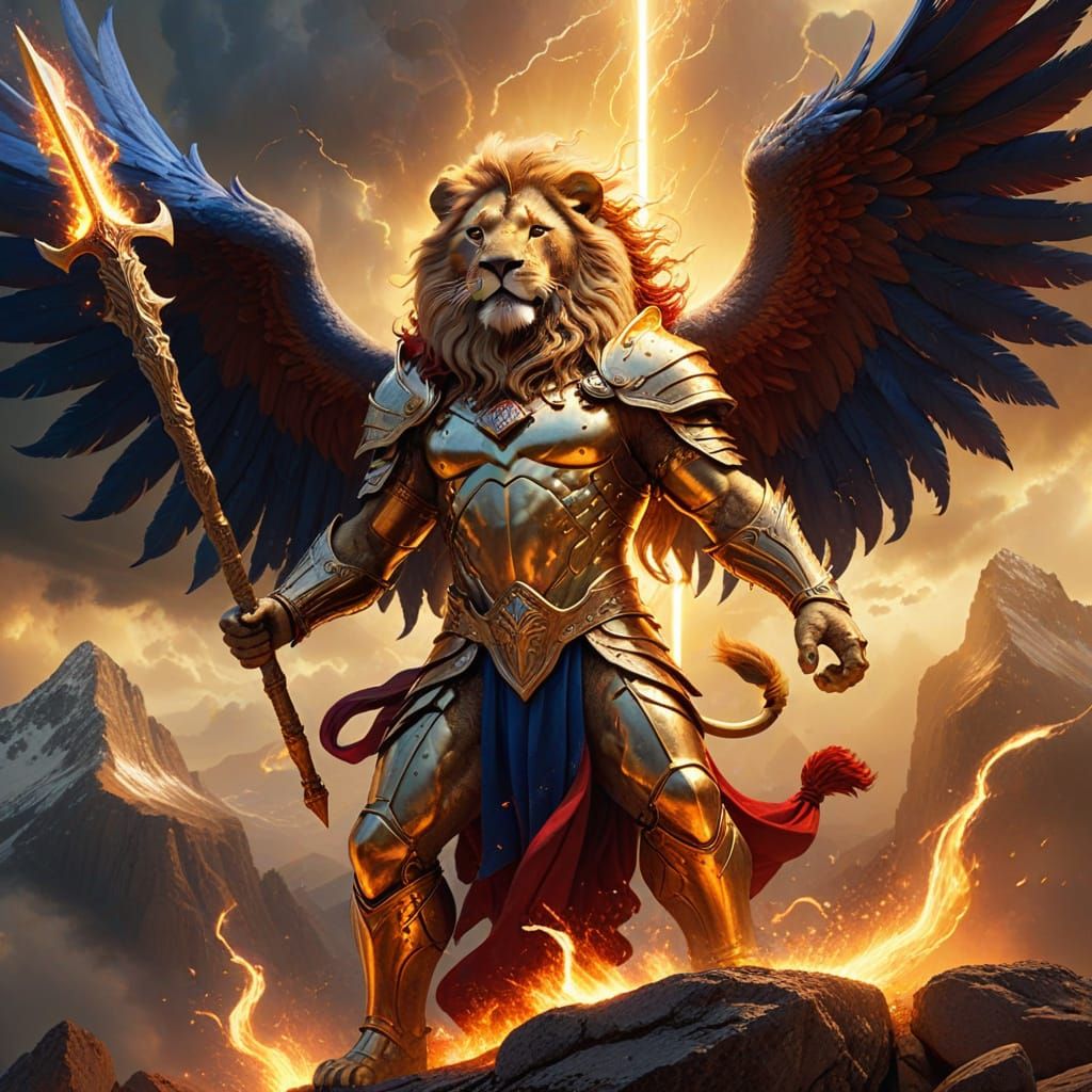 Triumphant Believer with Flaming Sword and Lion