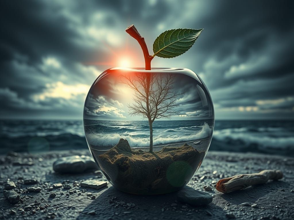 Stormy Sea Inside Glass Apple Double Exposure