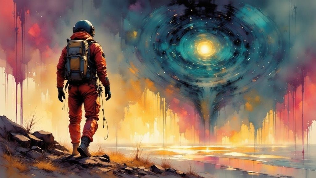 Astronaut Explores Mystical Galaxy in Watercolor Sci-Fi Art
