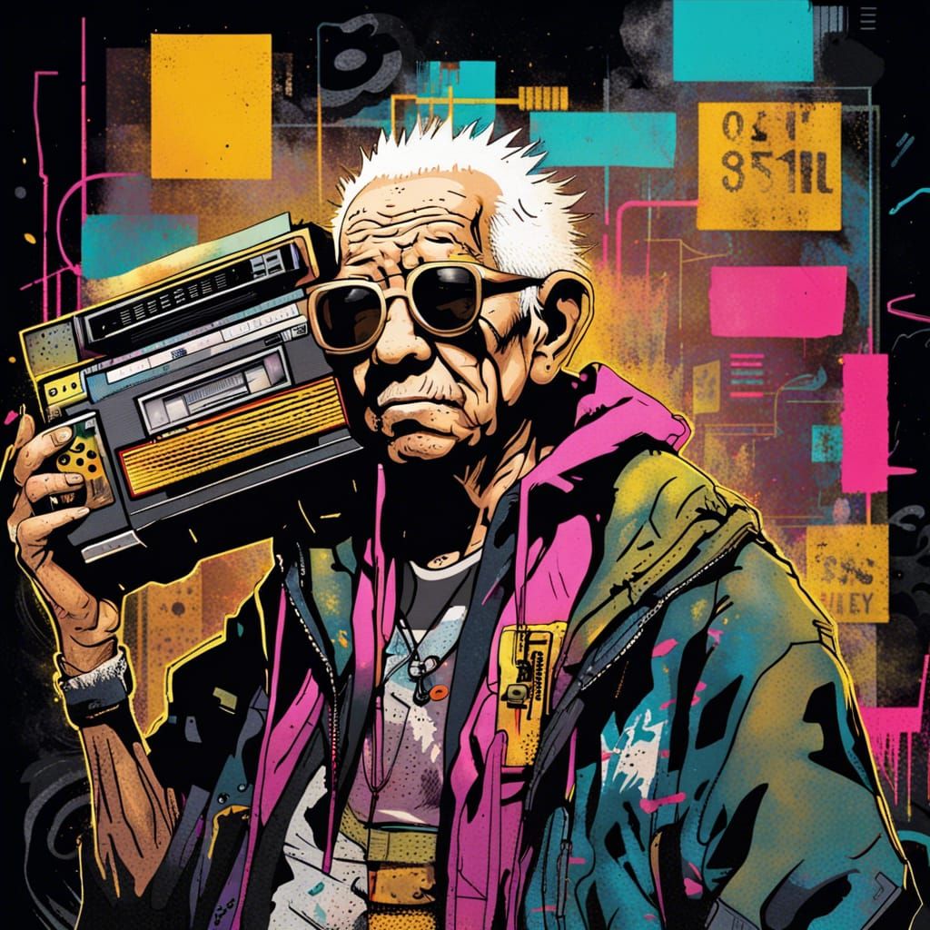 Hip Hop Elder with Boombox: Gritty Neon Street Art