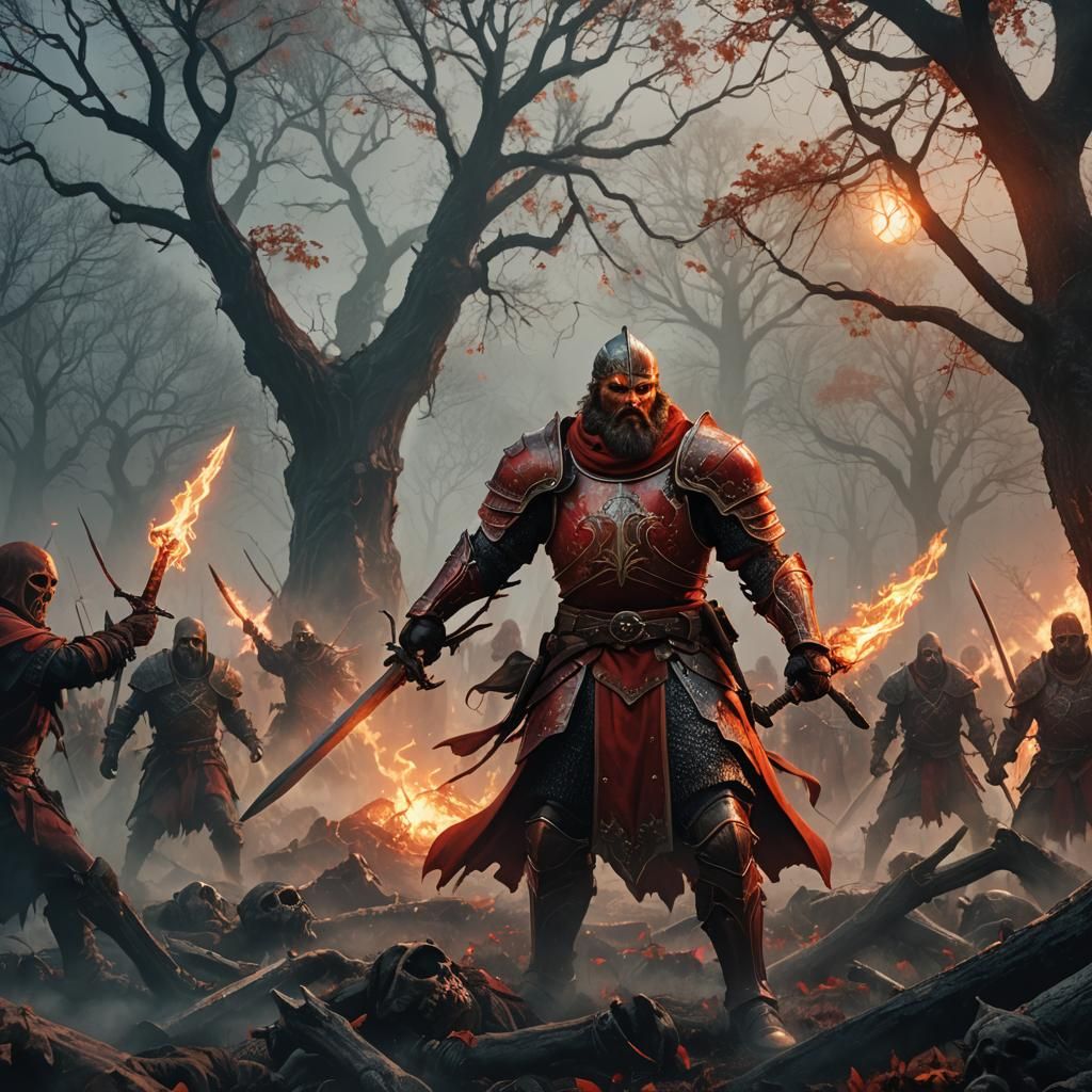 Knight in Red Armor Battles Zombies in Graveyard