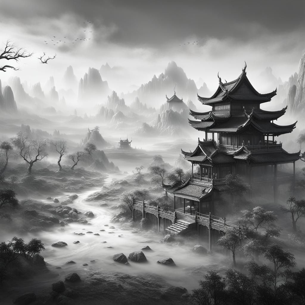Misty Asian Landscape: Detailed Matte Painting in Black and ...