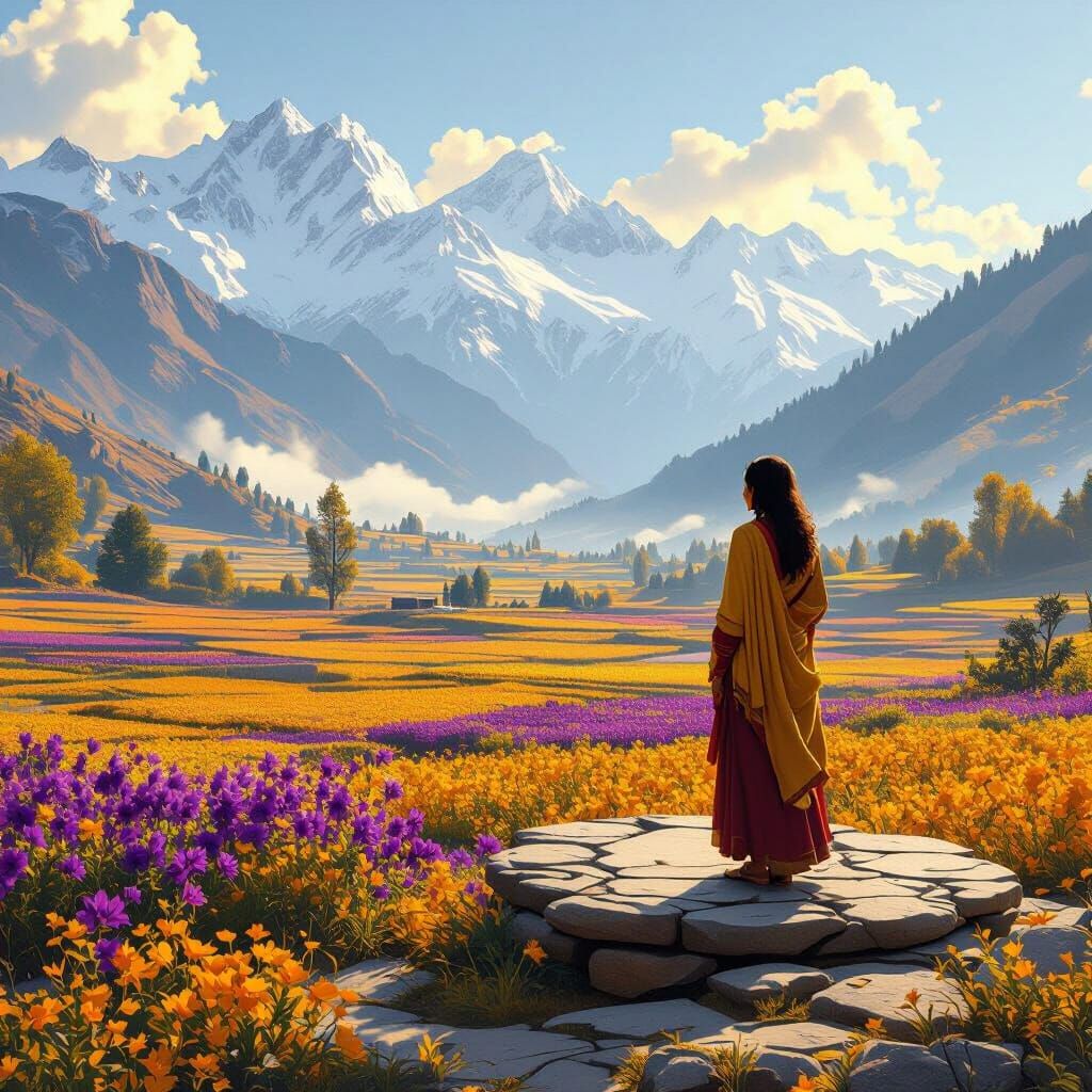 Dreamy Kashmiri Landscape with Saffron Fields