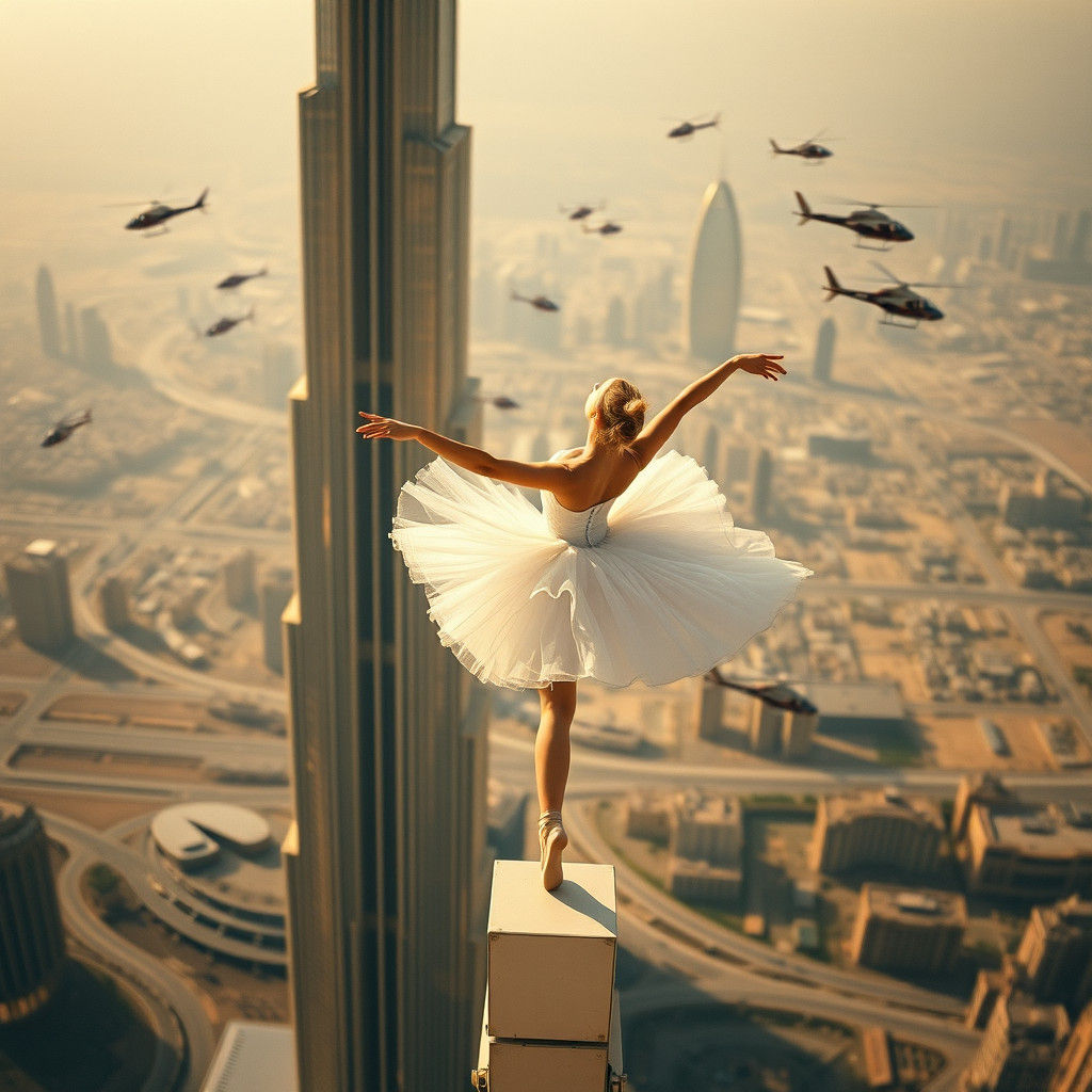 Ballerina's Pirouette Atop Burj Khalifa: Cinematic Still