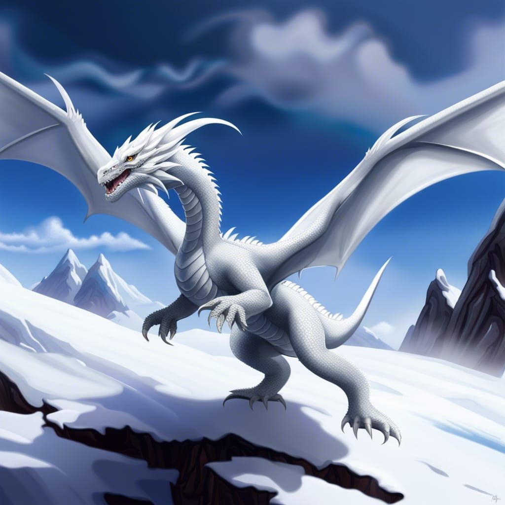 Majestic White Dragon Soaring Through Blizzard