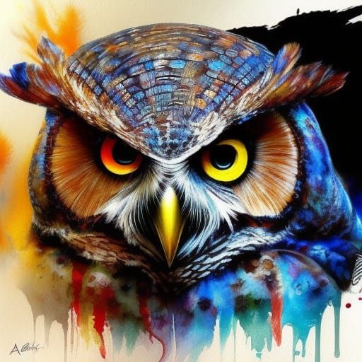 Surreal Owl Art in Watercolor Wash Style