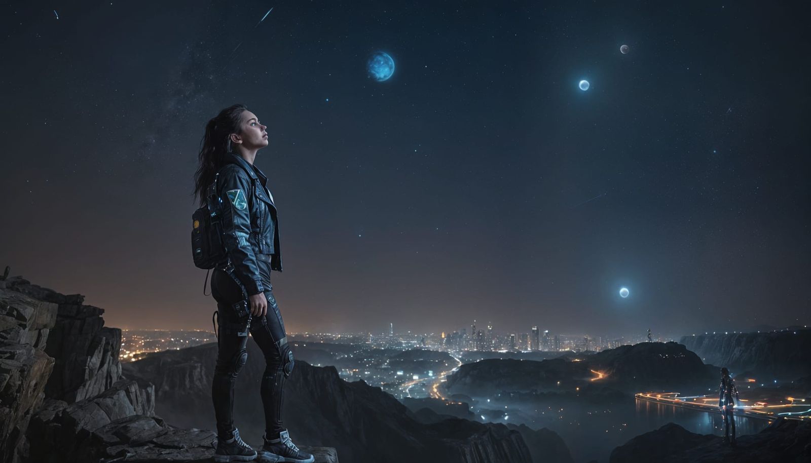 Cyberpunk Girl Gazing at Planets in Night Sky