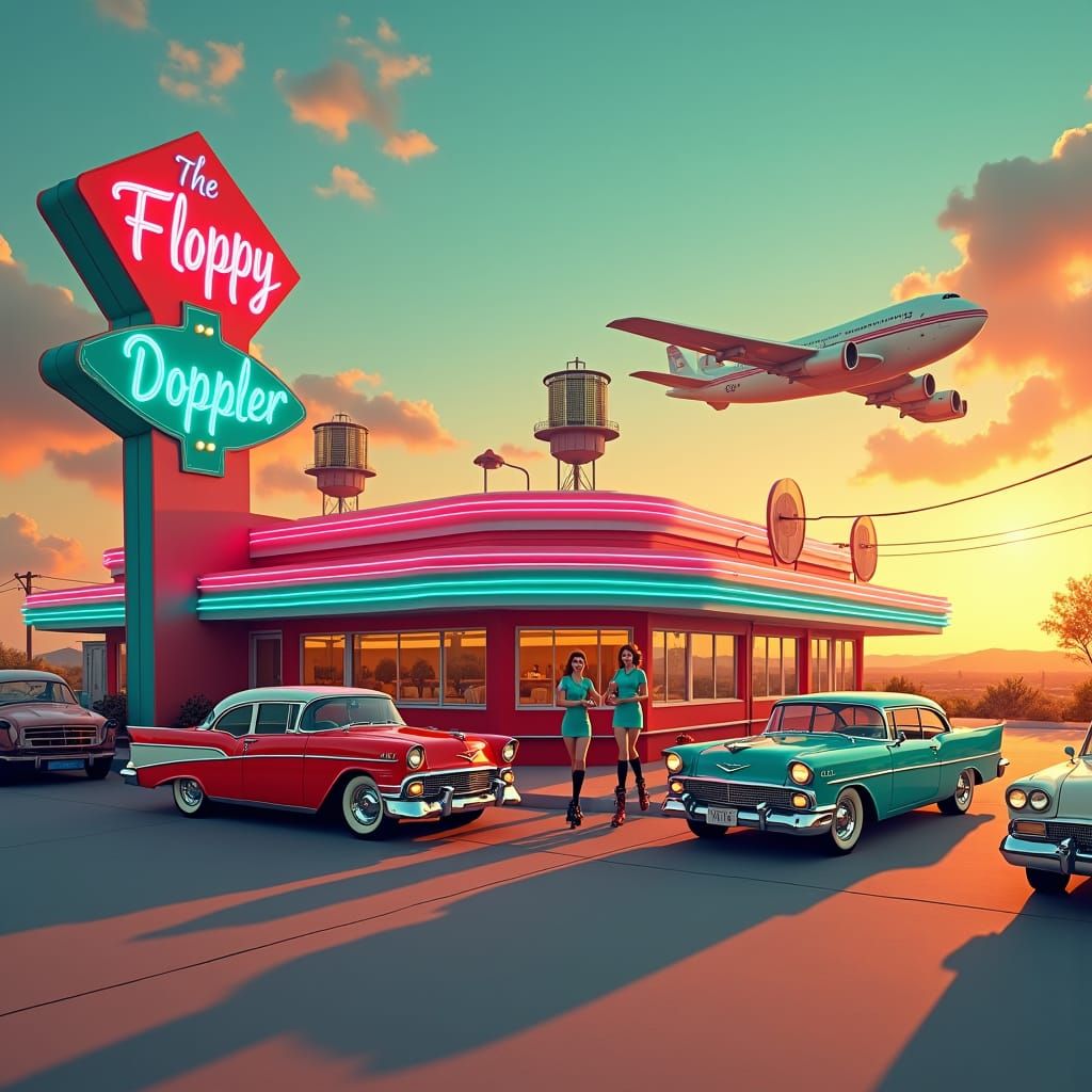 Retro Diner in a Neon-Lit Atomic Age Landscape