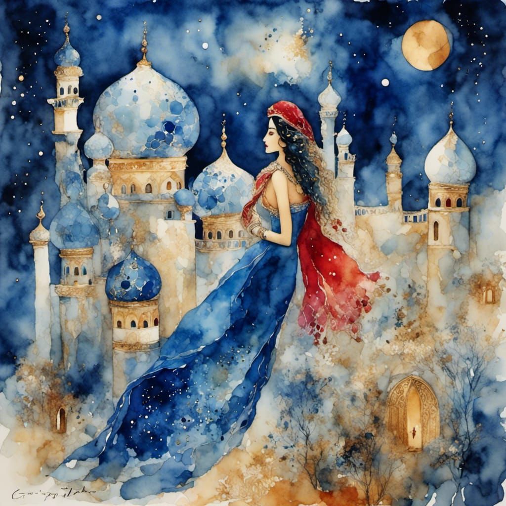Watercolor Genie in a Chagall-Inspired Scene