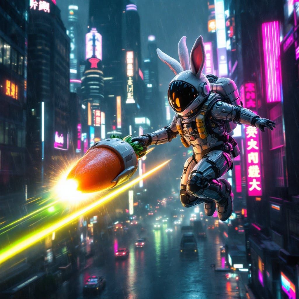 Futuristic Easter Bunny in Cyberpunk Cityscape