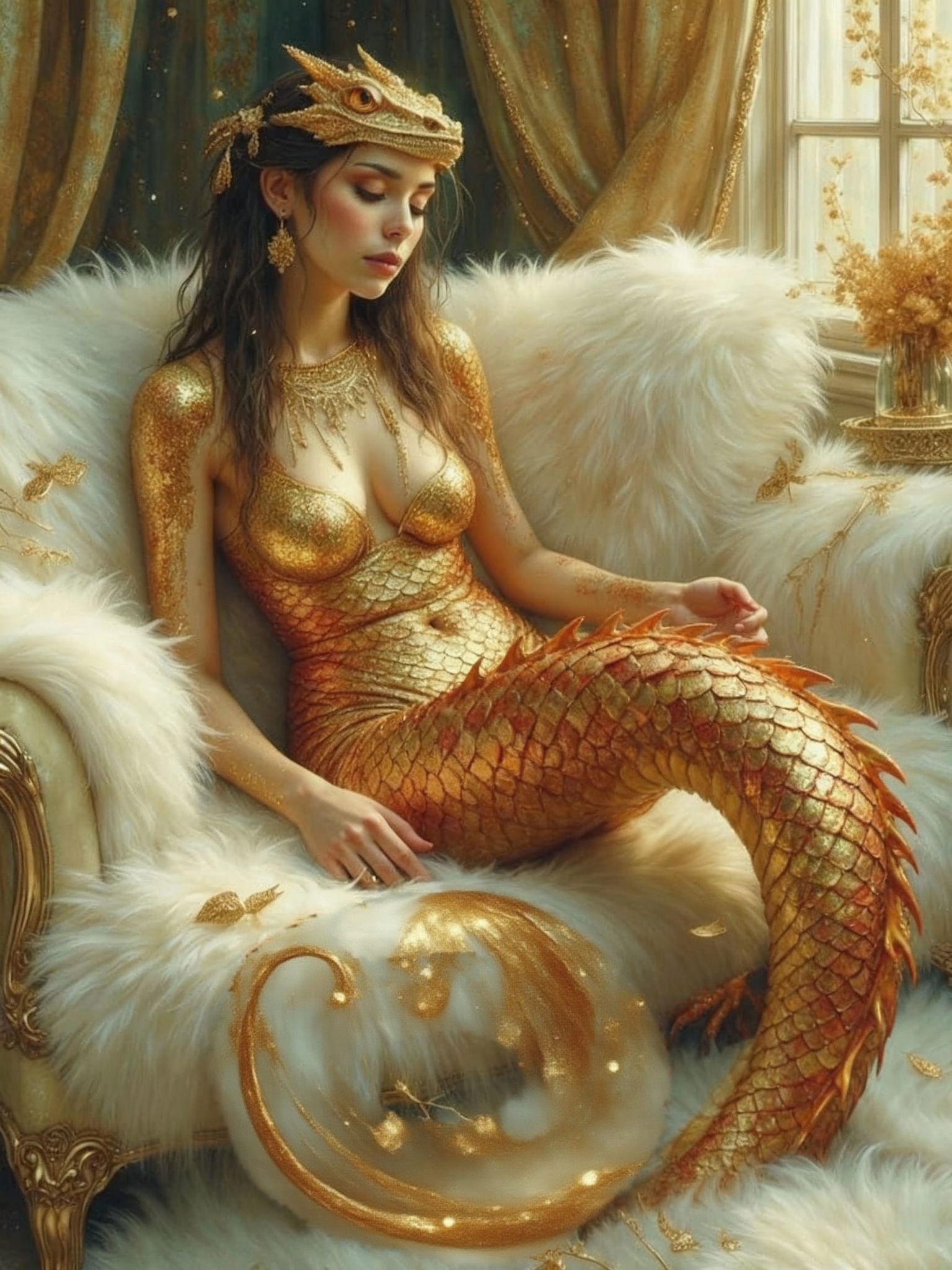 Golden Reptilian Woman on Plush Sofa in Dreamy Style