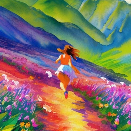 Girl in Valley of Flowers: Gouache Impressionist Style