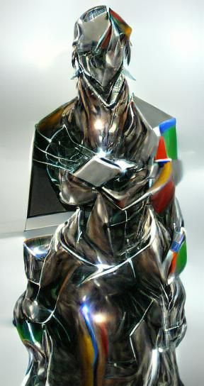 Distressed Chrome Statue: Reflective Metallic Finish