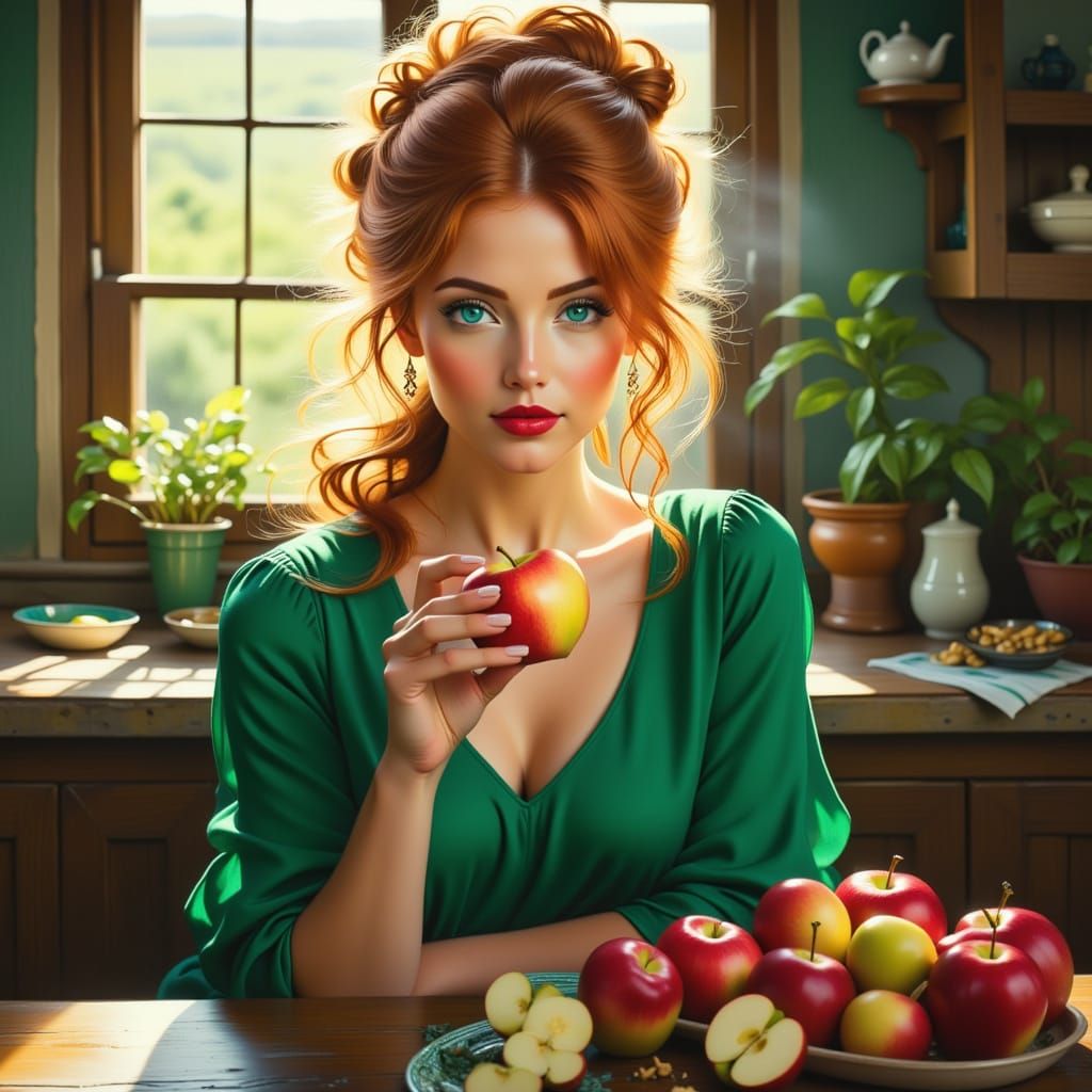 Serene Woman Eats Apple in Sunlit Kitchen