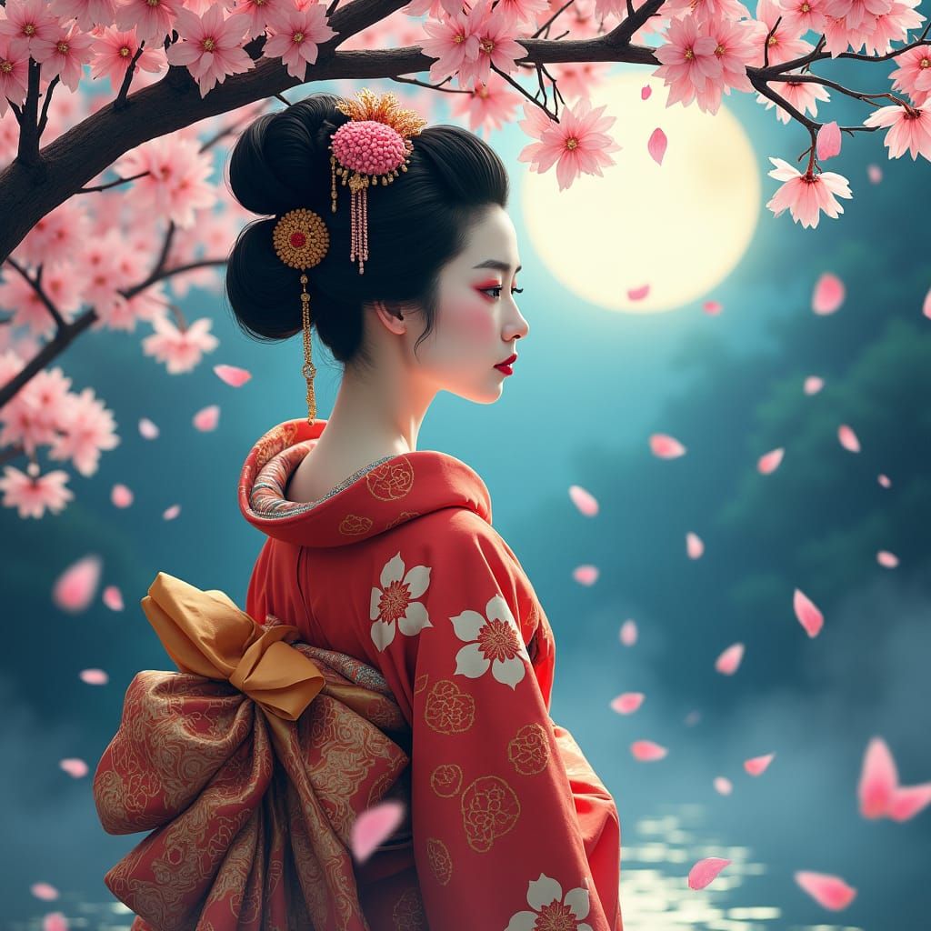 Geisha in Sakura Garden: Ukiyo-e Fantasy Art