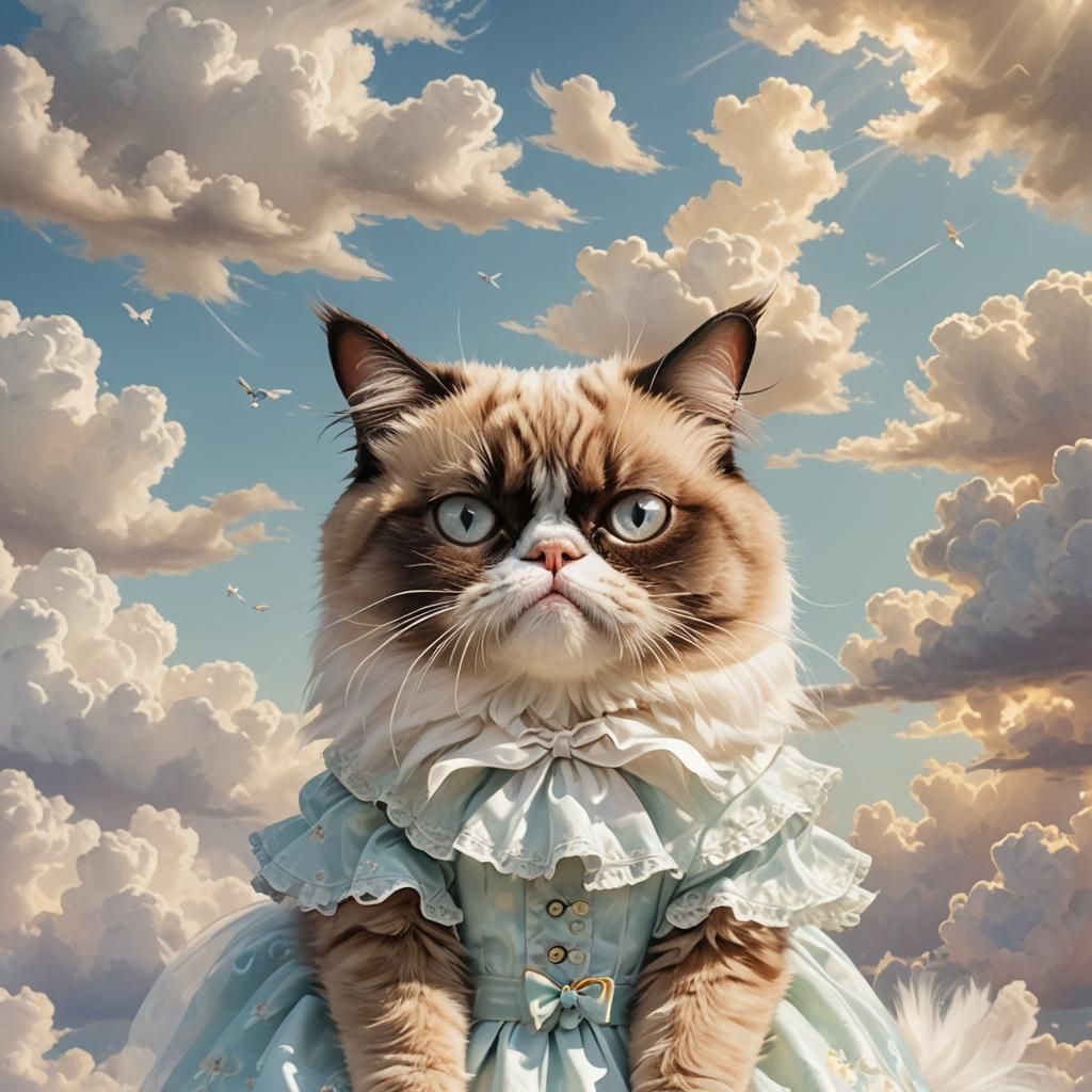 Grumpy Cat in Frilly Dress, Watercolor Illustration