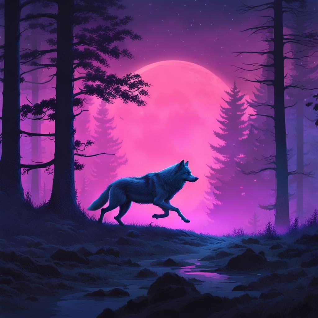 Grey Wolf in Moonlit Forest: Digital Matte Painting